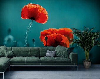 Poppy Field Summer Flowers Wallpaper, Removable Peel and Stick Wall Mural