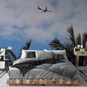 Airplane, sky and cloud wallpaper, palm tree, Self Adhesive (Peel and Stick), Non Self Adhesive (Vinyl/Traditional), Removable, Wall Mural