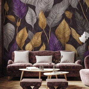 Tropical leaves wallpaper, Dark Wall Mural, Self Adhesive (Peel and Stick), Non Self Adhesive (Vinyl/Traditional), Removable, Wall Mural