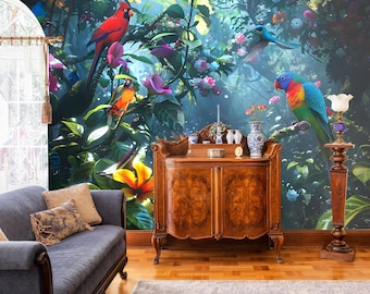 Papel de Parede com Aves Exóticas e Selva Tropical (Adesivo ou Vinílico)
