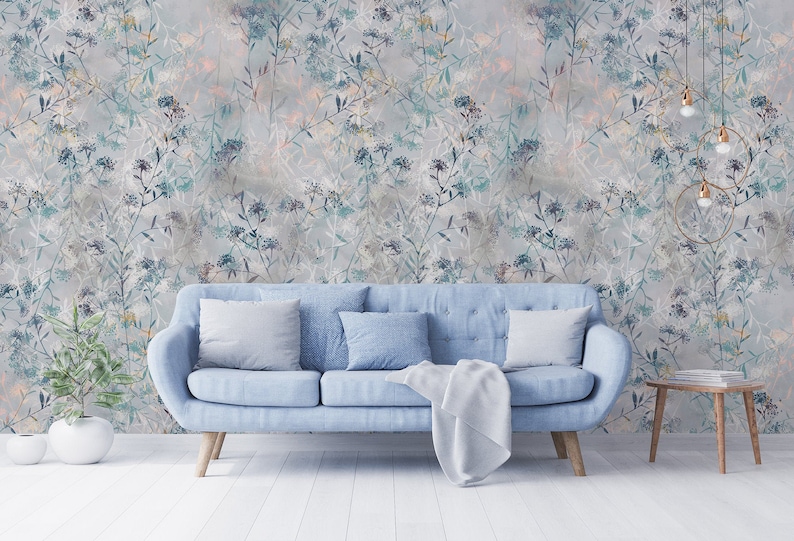 Light Blue Watercolor Wallpaper with leaves, watercolor wall mural, peel and stick wallpaper, self adhesive, wall decor image 1