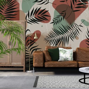 Wallpaper with geometric shapes and exotic tropical leaves, peel and stick, self adhesive, wall decor, Removable Wallpaper