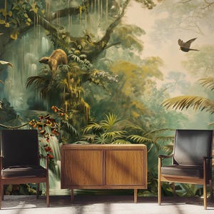 Vintage green wallpaper, jungle wall mural, home decor, Removable, Peel and Stick or Non Self Adhesive (Vinyl), Wall Decor