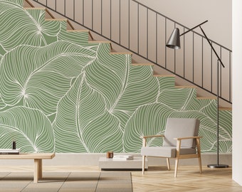 Papier peint tropical vert avec des feuilles de palmier, Amovible, Décoration murale, Auto-adhésif (Pelez-le-adhésif), Non auto-adhésif (Vinyle/Traditionnel)