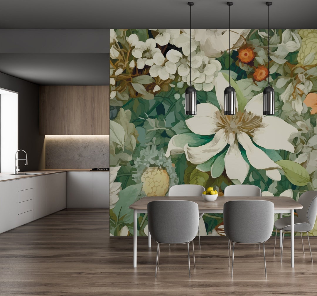 Floral Watercolor Wallpaper, Botanical Wall Art (peel and Stick or ...