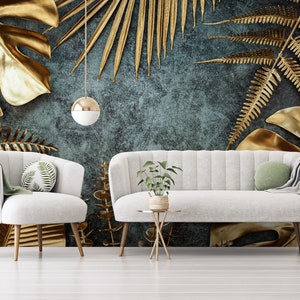 Tropical leaves wallpaper, fern, palm and monstera leaves, peel and stick, self adhesive, wall decor, Removable Wallpaper