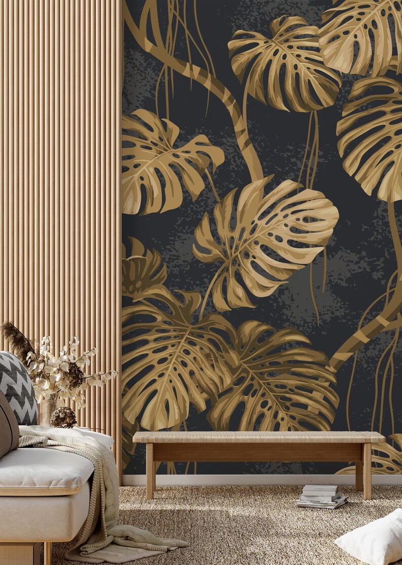Dark Gold Monstera Leaf Wallpaper, Botanical Peel and Stick Wall Decor ...
