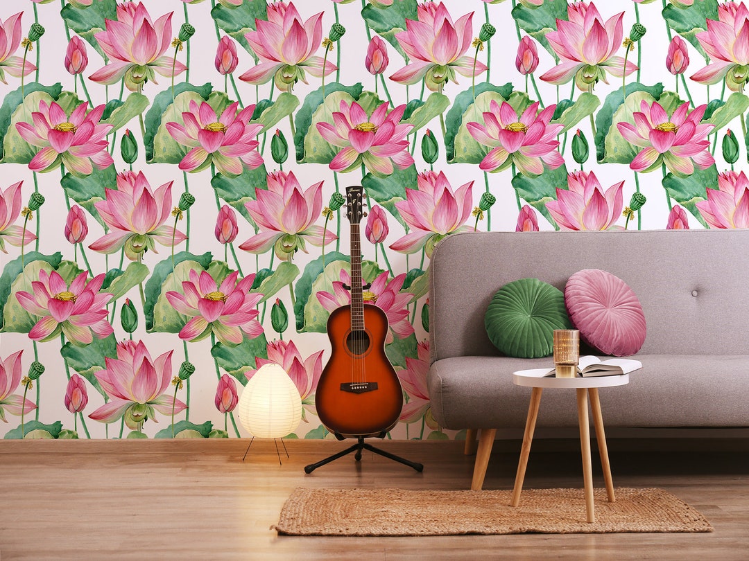 Floral Wallpaper With Watercolor Pink Lotus Flower and Leaves, Floral ...