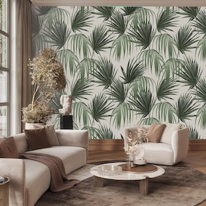 Tropical leaf wallpaper, green palm leaves wall mural, home decor, Removable, Peel and Stick or Non Self Adhesive (Vinyl), Wall Decor
