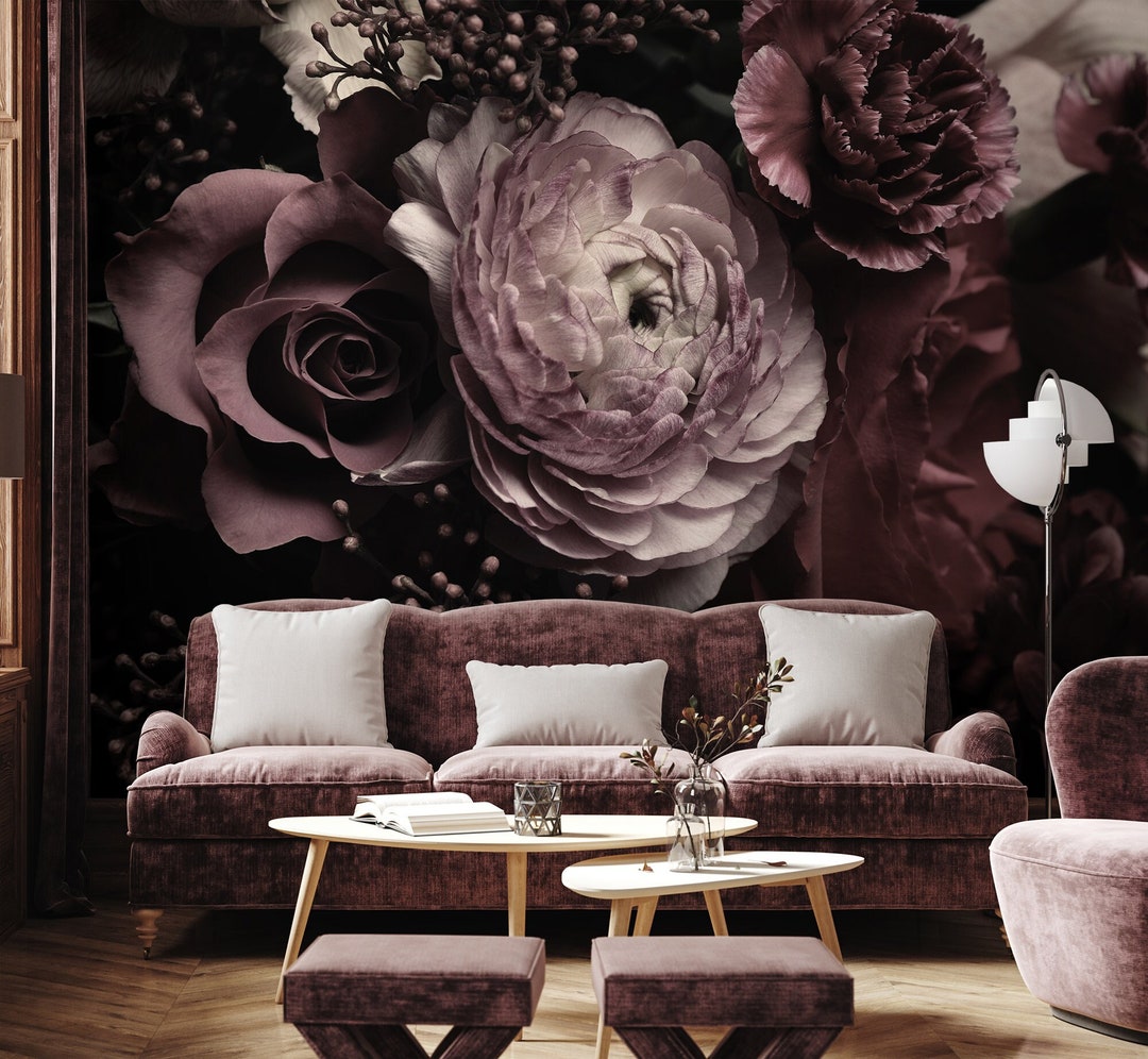 Beautiful dark dramatic floral wallpaper with purple peonies Etsy 日本