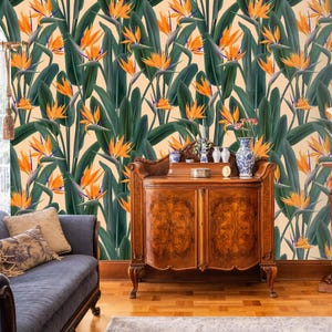 Carta da parati tropicale, murale con fiori di Strelitzia, arredamento per la casa, rimovibile, staccabile e attaccabile o non autoadesivo (vinile), decorazione da parete