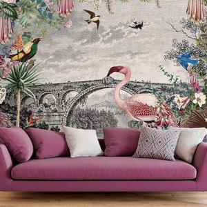 Wallpaper jungle, tropical forest, flamingo, tropical birds, Wall Mural, Removable, Self Adhesive (Peel & Stick), Non Self Adhesive (Vinyl)
