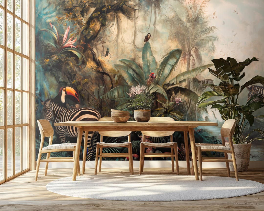 Jungle Zebra Toucan Wall Mural, Tropical Peel and Stick Wallpaper ...