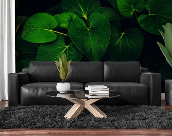 Wallpaper with tropical leaves, dark nature, peel and stick, self adhesive, wall decor, Removable Wallpaper