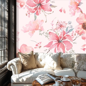 Fantasy floral wallpaper, watercolor wall mural, home decor, Removable, Peel and Stick or Non Self Adhesive (Vinyl), Wall Decor