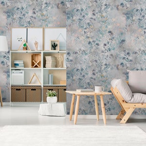 Light Blue Watercolor Wallpaper with leaves, watercolor wall mural, peel and stick wallpaper, self adhesive, wall decor image 3