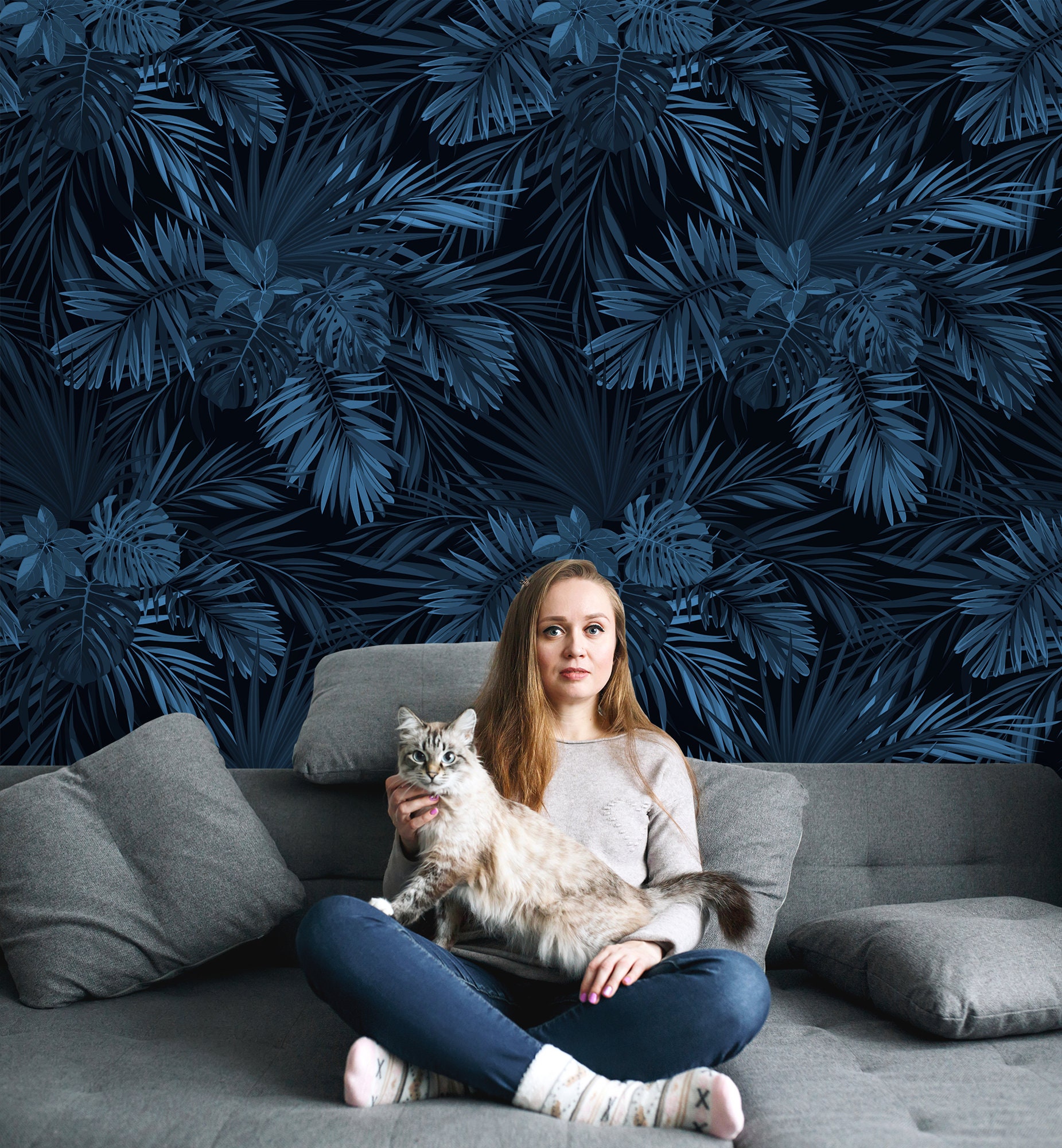 Dark Navy Blue Tropical Wallpaper With Exotic Leaves Wall Etsy