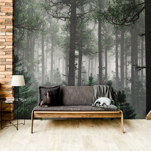 Carta da parati con effetto 3D, alberi nella nebbia, motivo foresta, stacca e incolla, autoadesiva, decorazione murale, carta da parati rimovibile