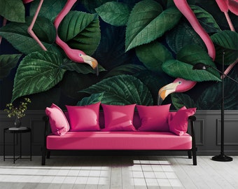Tropical Flamingo Leaf Wallpaper Mural, Peel and Stick, Vinyl (Traditional)