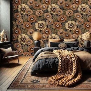 Braune Tapete mit Blättern und Blumen, Blumenwandbild, Wohnkultur, abnehmbar, Schälen und aufkleben oder nicht selbstklebend (Vinyl), Wanddekor