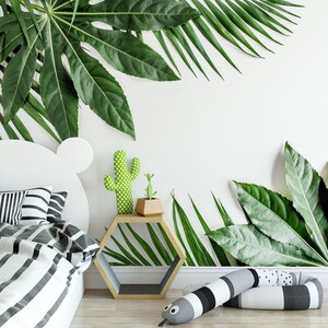 Tropical palm leaves wallpaper, monstera leaf print, peel and stick wall mural, tropical wall decor