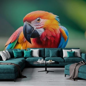 Colorful parrot wallpaper, tropical bird, Wall Mural, Self Adhesive(Peel and Stick) or Non Self Adhesive (Vinyl/Traditional)