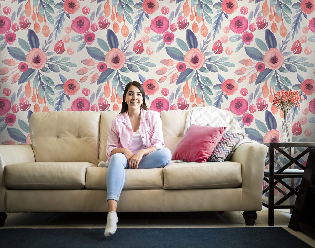 Watercolor Floral Wallpaper, Pink Orange Flowers, Light Background Wall ...