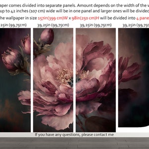 May include: A close-up of a floral wallpaper mural featuring a large pink peony flower with dark green leaves. The wallpaper is divided into four panels, each measuring 39.25 inches by 99.75 centimetres.