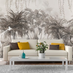 Tropical trees and leaves wallpaper, modern pattern, peel and stick, self adhesive, wall decor, Removable Wallpaper