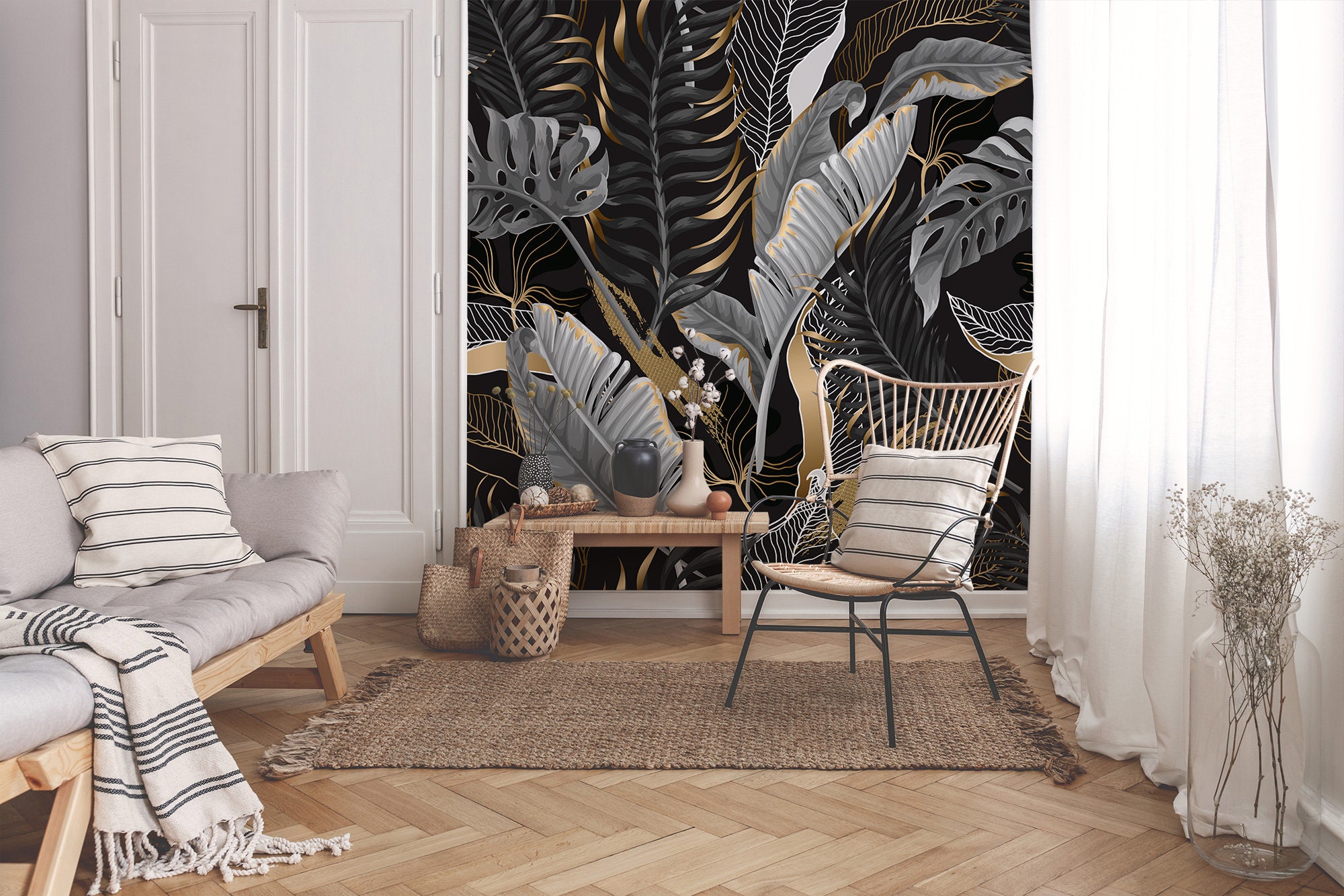 Black Tropical Leaves Peel and Stick Wallpaper, Self Adhesive Wall ...