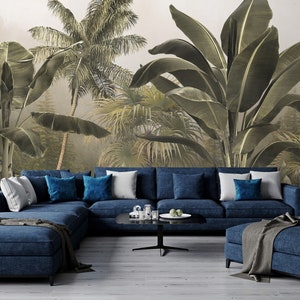 Vintage wallpaper, tropical trees and leaves, peel and stick, self adhesive, wall decor, Removable Wallpaper