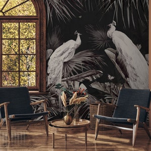 Vintage bird wallpaper with tropical plants, Wall Mural, Removable, Self Adhesive (Peel and Stick), Non Self Adhesive(Vinyl), Wall Decor