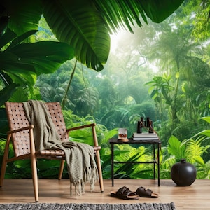 Green tropical jungle wallpaper, abstract wall mural, home decor, Removable, Peel and Stick or Non Self Adhesive (Vinyl), Wall Decor