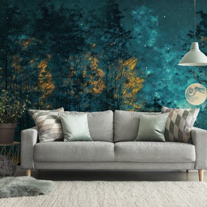 Night forest landscape wallpaper with tree and moon, Removable, Self Adhesive (Peel and Stick), Non Self Adhesive (Vinyl/Traditional)