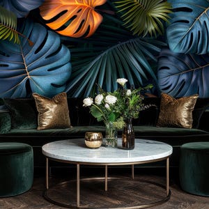 Tropical leaves wallpaper, colorful botanical wall mural, home decor, Removable, Peel and Stick or Non Self Adhesive (Vinyl), Wall Decor
