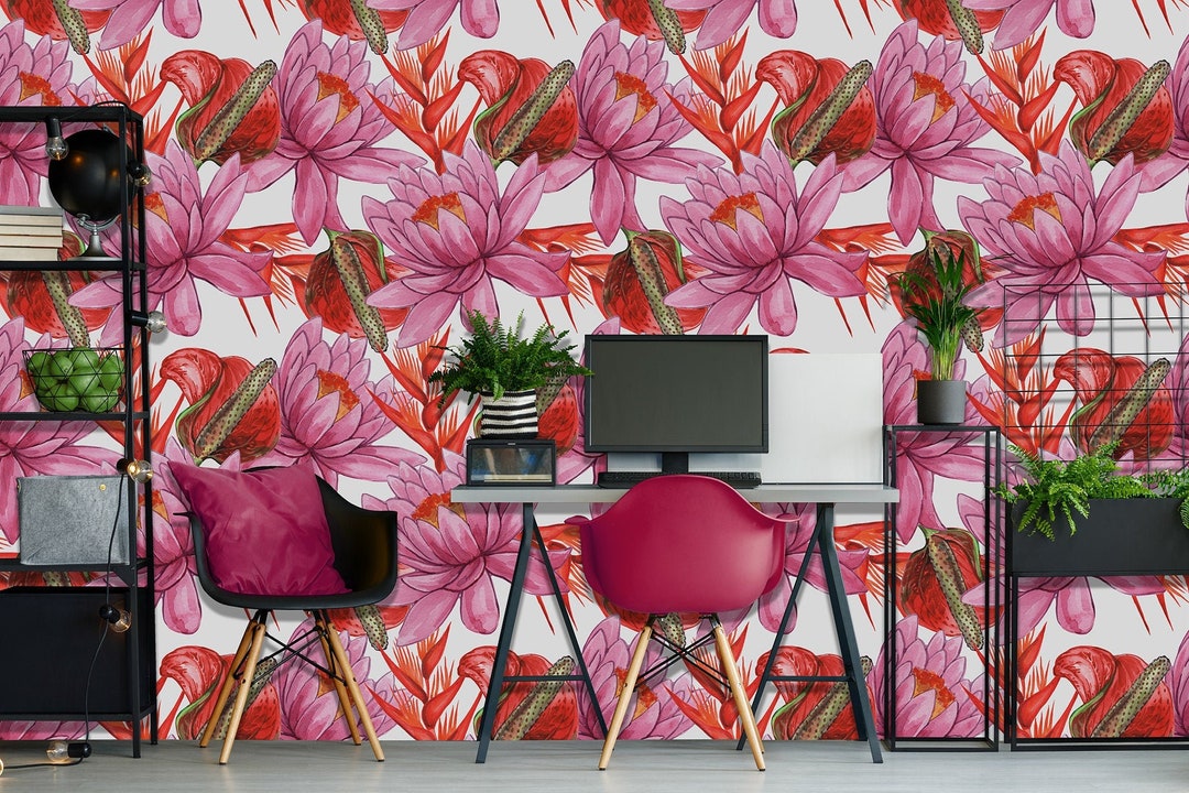 Watercolor Floral Wallpaper With Big Pink Water Lily Flowers, Wall ...
