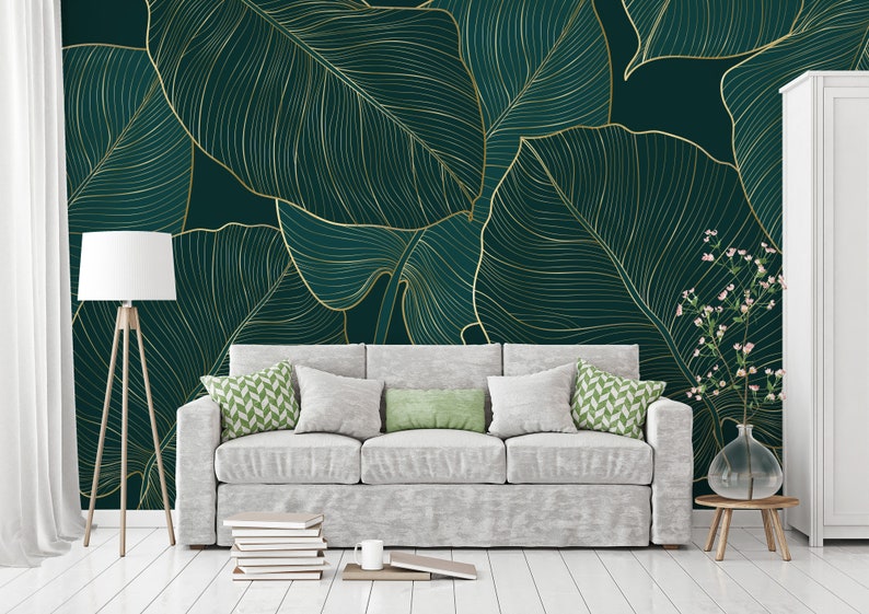Floral Wallpaper Gold Philodendron With Monstera Self - Etsy