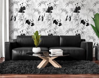 Wallpaper with pandas and bamboo, peel and stick, self adhesive, wall decor, Removable Wallpaper