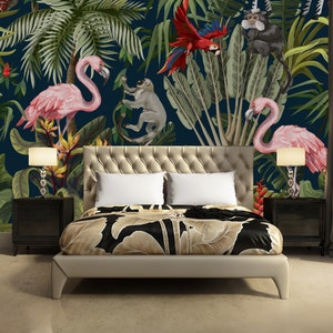 Wallpaper with jungle animals, flowers and trees, self adhesive wallpaper, peel and stick wall mural, tropical wall decor