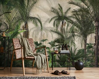 May include: A tropical-themed interior scene featuring a woven leather chair with a green blanket, a small side table, and a black vase. The background is a mural of palm trees and lush greenery, creating a relaxing atmosphere.