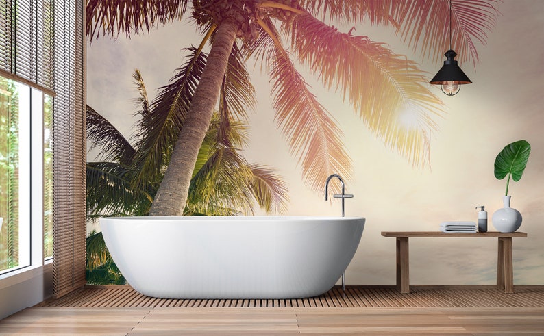 Tropical Beach Wallpaper With Palm Trees Wall Mural - Etsy