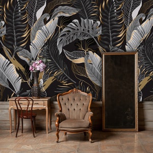 Wallpaper with black and white tropical leaves and yellow elements, peel and stick wall mural, self adhesive, tropical wall decor