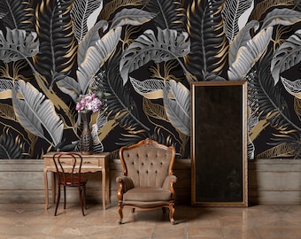 Papier peint avec des feuilles tropicales noires et blanches et des éléments jaunes, décoration murale autocollante, décoration murale tropicale