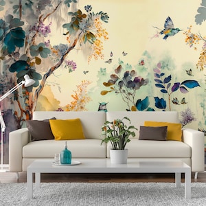 Watercolor wallpaper, forest landscape with birds, Wall Mural, Removable, Self Adhesive (Peel&Stick), Non Self Adhesive (Vinyl), Wall Decor
