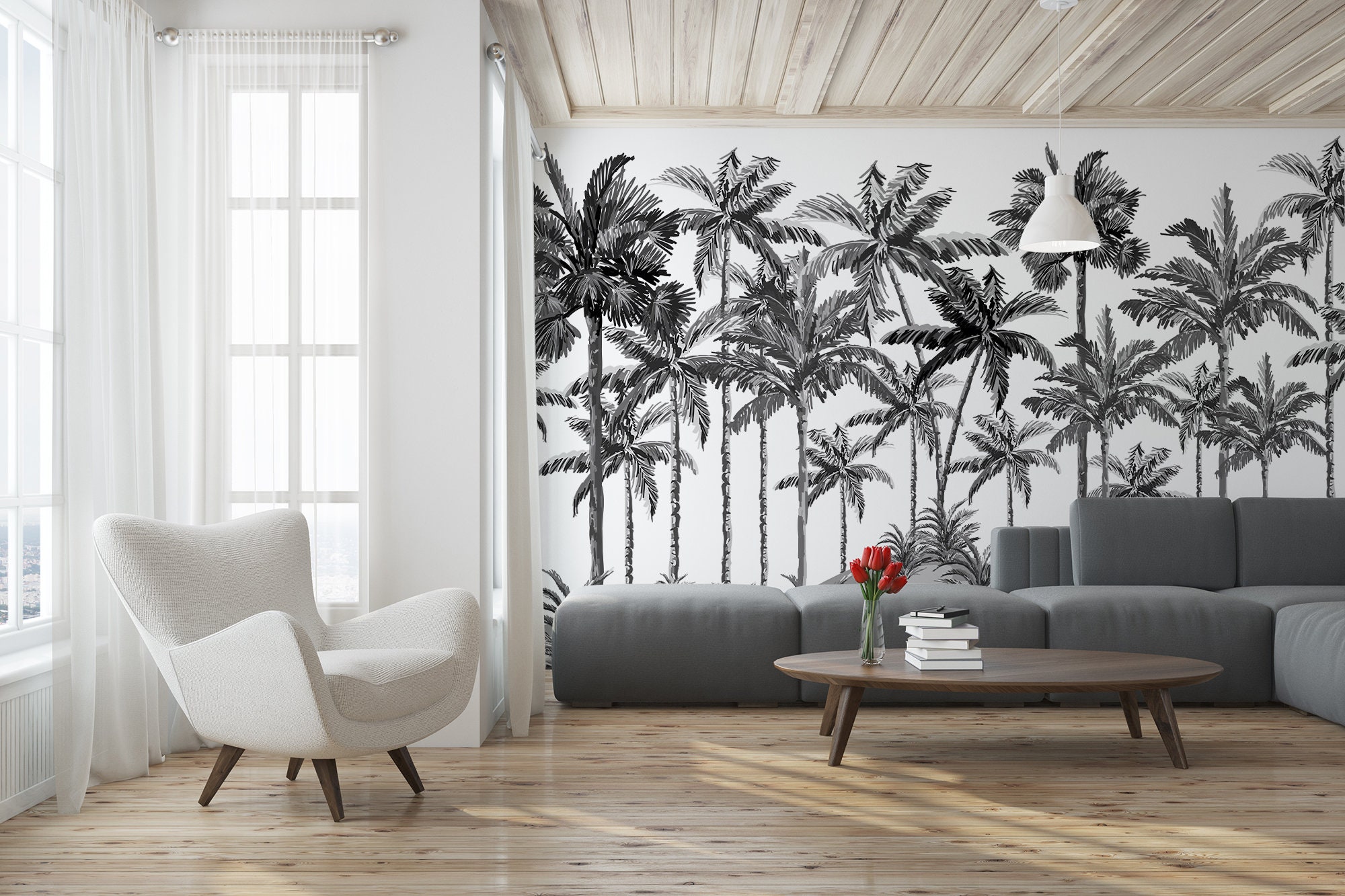 Black and White Palm Tree Wallpaper, Modern Tropical Wall Mural (peel ...