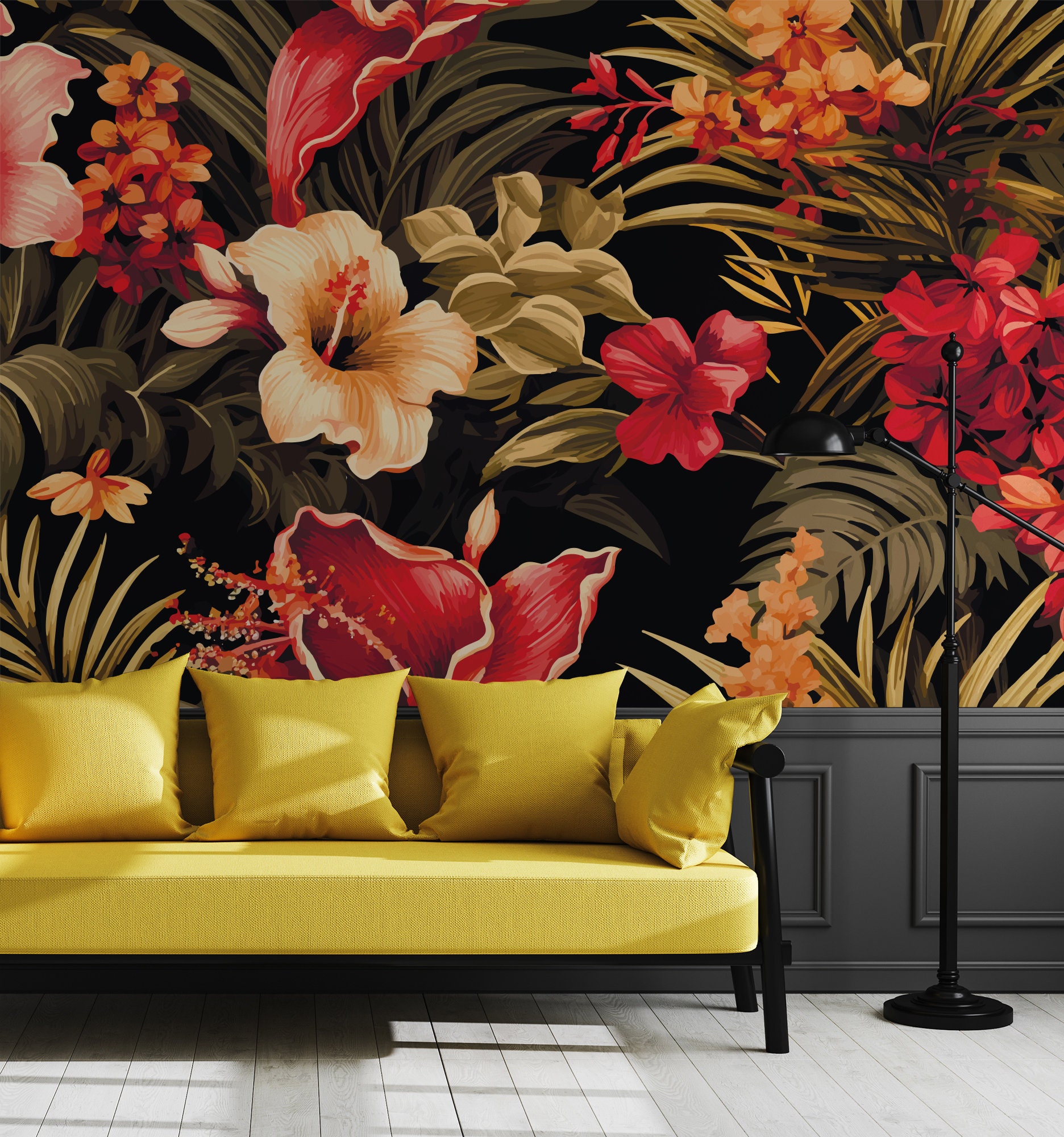 Vintage Floral and Tropical Leaf Wallpaper, Wall Mural, Removable, Self  Adhesive (peel and Stick) or Non Self Adhesive (vinyl), Wall Decor - Etsy, image size:1872x2000