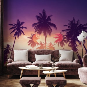 Tropical palm tree wallpaper, sunset sky, abstract, Wall Mural, Removable, Self Adhesive (Peel&Stick), Non Self Adhesive (Vinyl), Wall Decor
