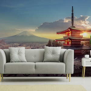 Wallpaper with Japan, mountain Fuji, sunset, cherry blossoms, self adhesive wallpaper, peel and stick wall mural, tropical wall decor