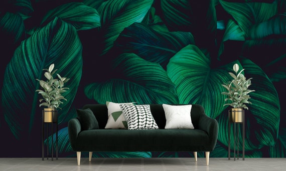 Tropical Dark Green Big Leaves Wallpaper Exotic Wall Mural - Etsy Tropical Dark Green Big Leaves Wallpaper Exotic Wall Mural - Etsy