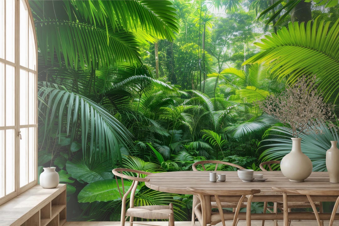 Exotic Tropical Forest Wallpaper, Lush Green Jungle Wall Mural (peel ...
